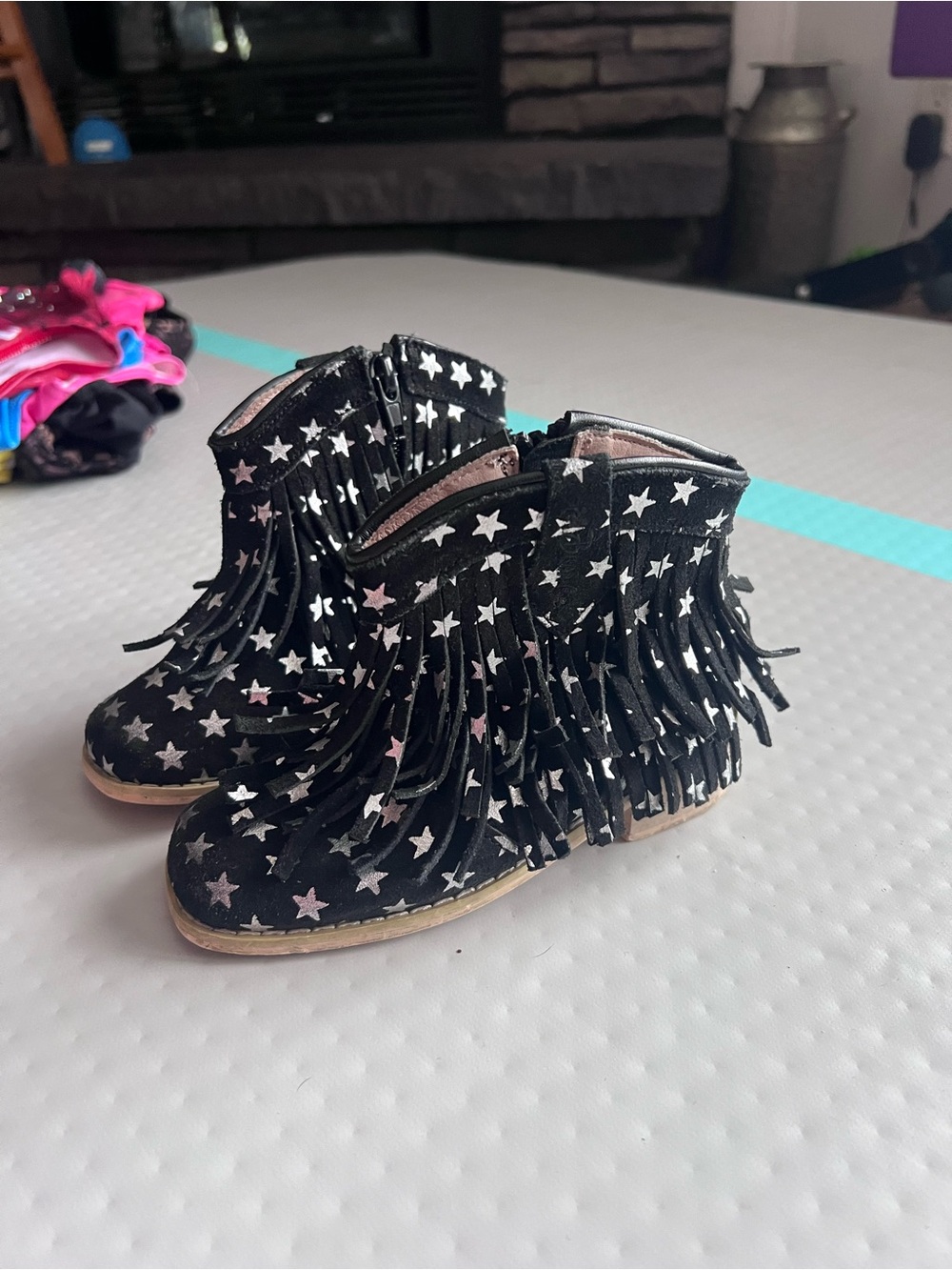 Girls Black Star Fringe Ankle Boots with Side Zip